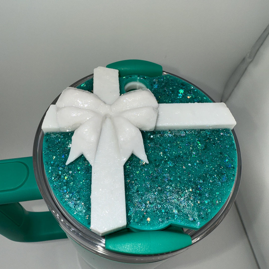 Teal Turquoise White Bow Glitter topper, fits Stanley lids, Rhinestones, decorative lid, unique gift, dress-up