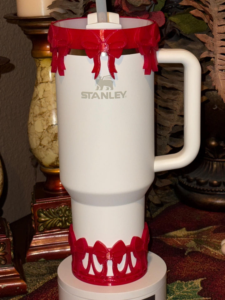 Beautiful Red Bow Lid Halo Bangle and Boot for Stanley tumblers, Tumbler Sleeves, custom colors
