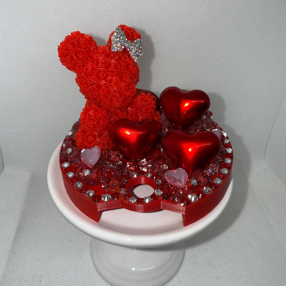 Red Rose Bear and Red Hearts Rhinestone Tumbler Topper fits Stanley Lid