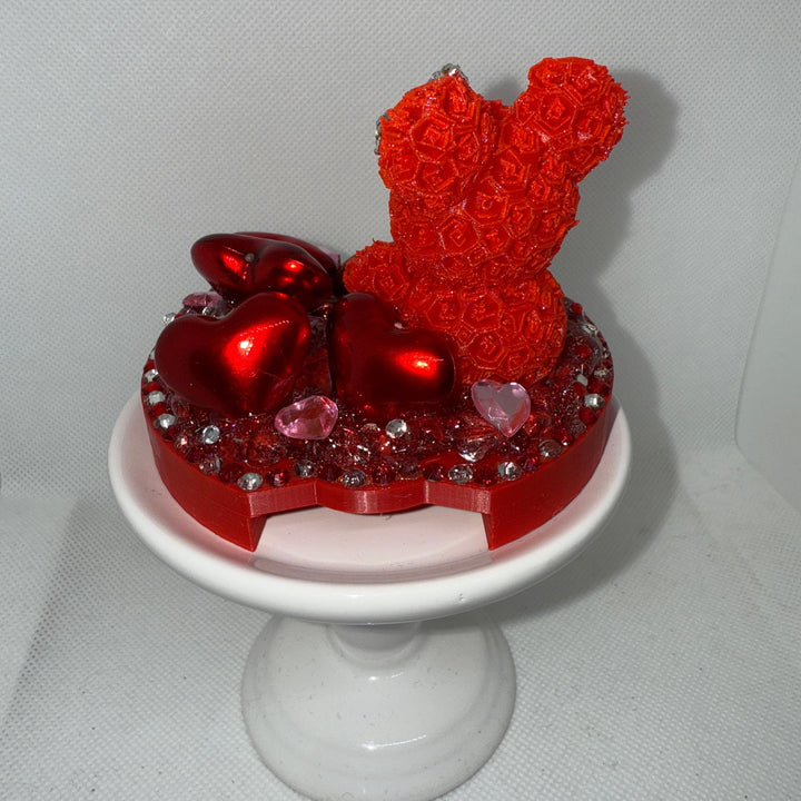 Red Rose Bear and Red Hearts Rhinestone Tumbler Topper fits Stanley Lid