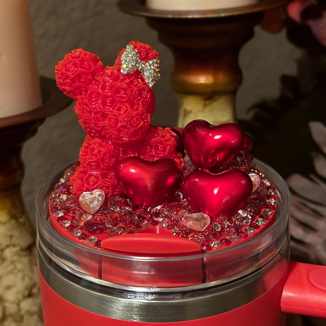 Red Rose Bear and Red Hearts Rhinestone Tumbler Topper fits Stanley Lid
