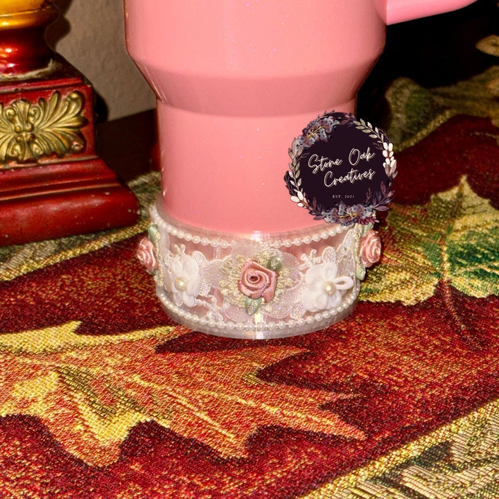 Spring Floral Fancy Pearl Princess Accessory Collection for Stanley tumblers, Halo Lid Band Bangle Boot Rose Lace, Unique Gift Hot Seller