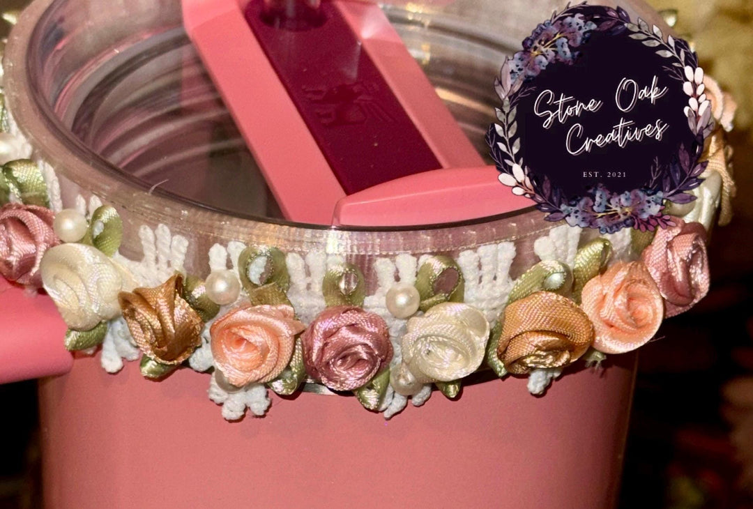 Spring Floral Fancy Pearl Princess Accessory Collection for Stanley tumblers, Halo Lid Band Bangle Boot Rose Lace, Unique Gift Hot Seller
