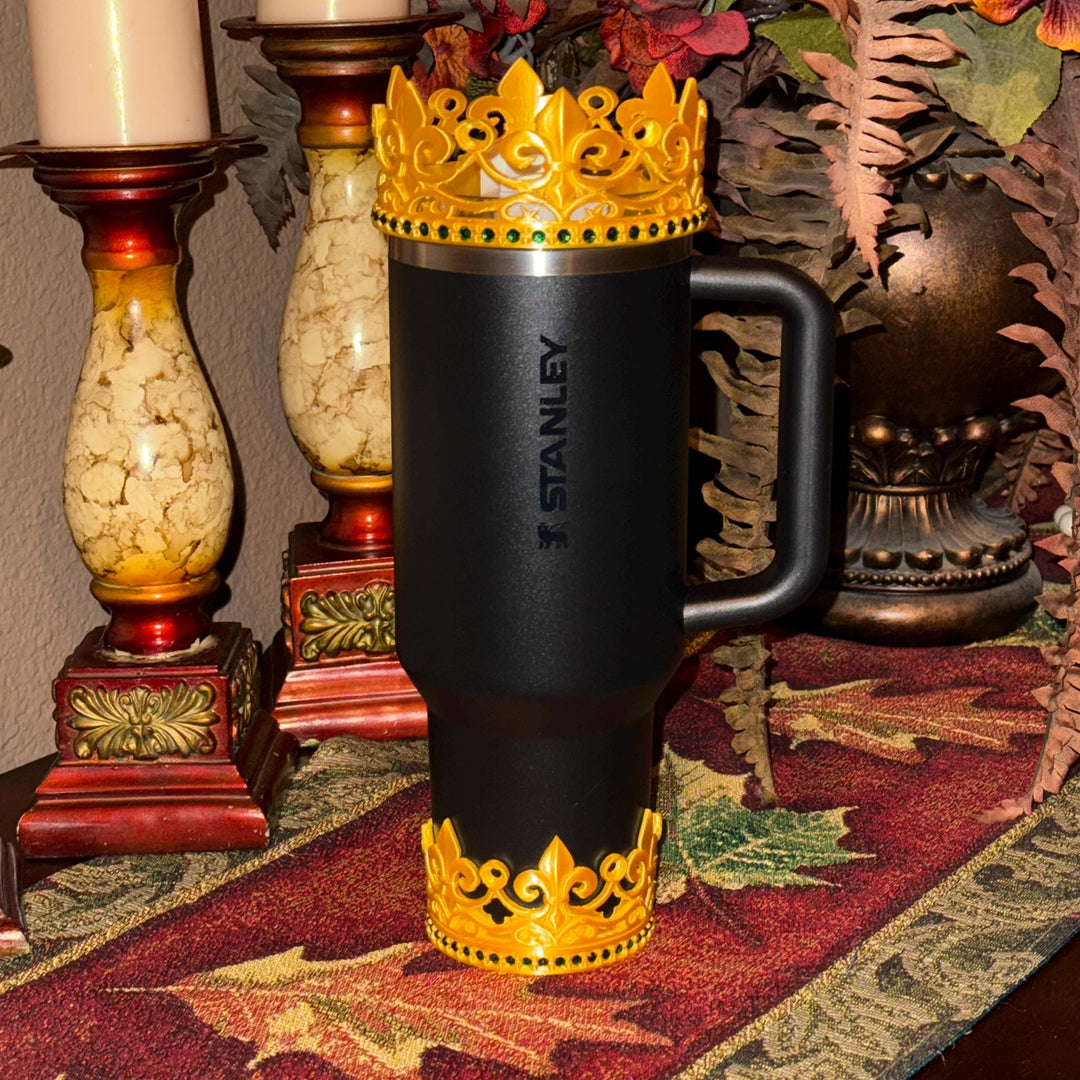 Green Rhinestone Gold Fleur-de-lis Crown Tumbler Boot and Halo, Tumbler Boot Sleeve, fits your Stanley Tumblers, Unique Gift