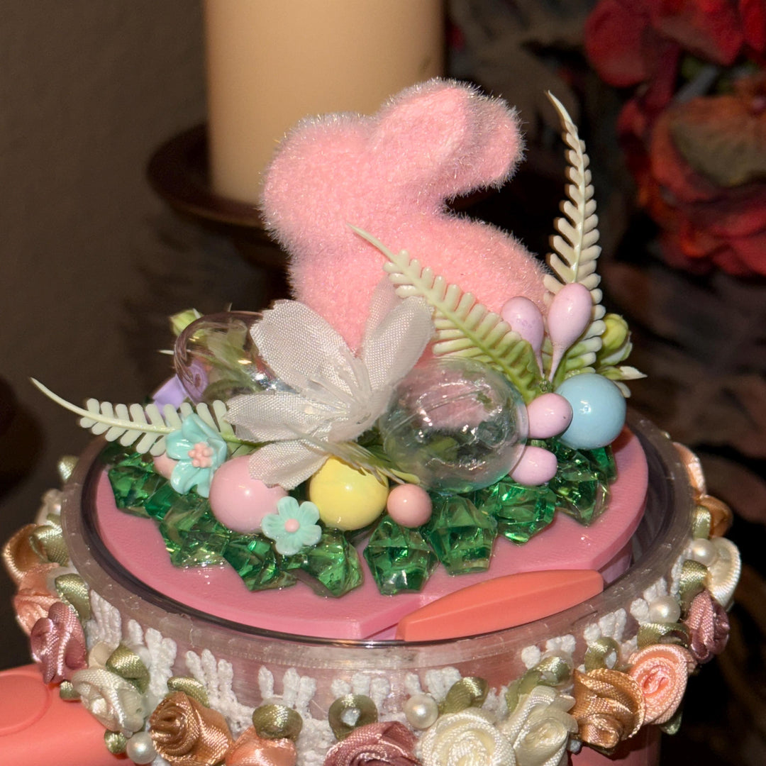 Easter Spring tumbler topper for skinny tumblers and Stanley tumblers, Bunny, Spring, Flowers, 3D Decorative Lid, unique gift