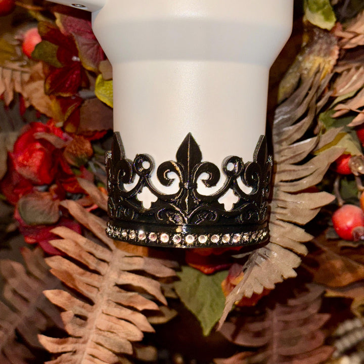 Rhinestone Black Fleur-de-lis Crown Tumbler Boot or Straw Topper, fits your Stanley Tumblers, Unique Gift, multiple colors available