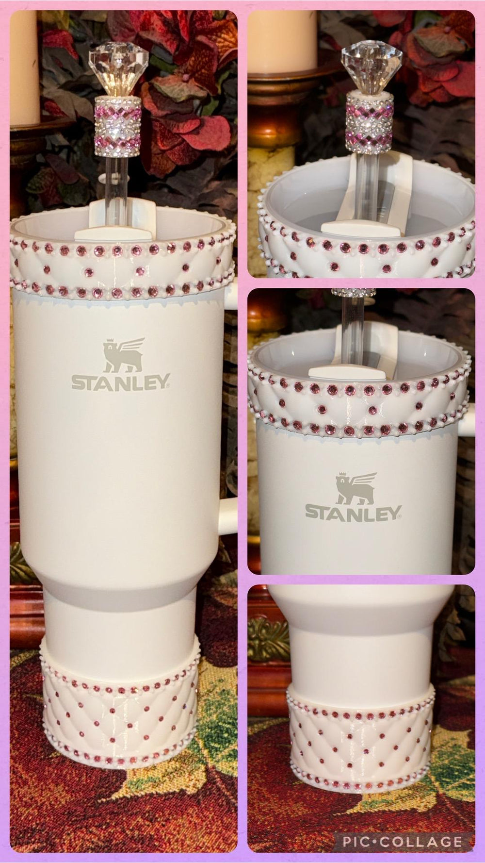 White and Pink Quilted Rhinestone Tumbler boot and halo for Stanley tumblers, Best Seller, Boot Halo Straw Topper