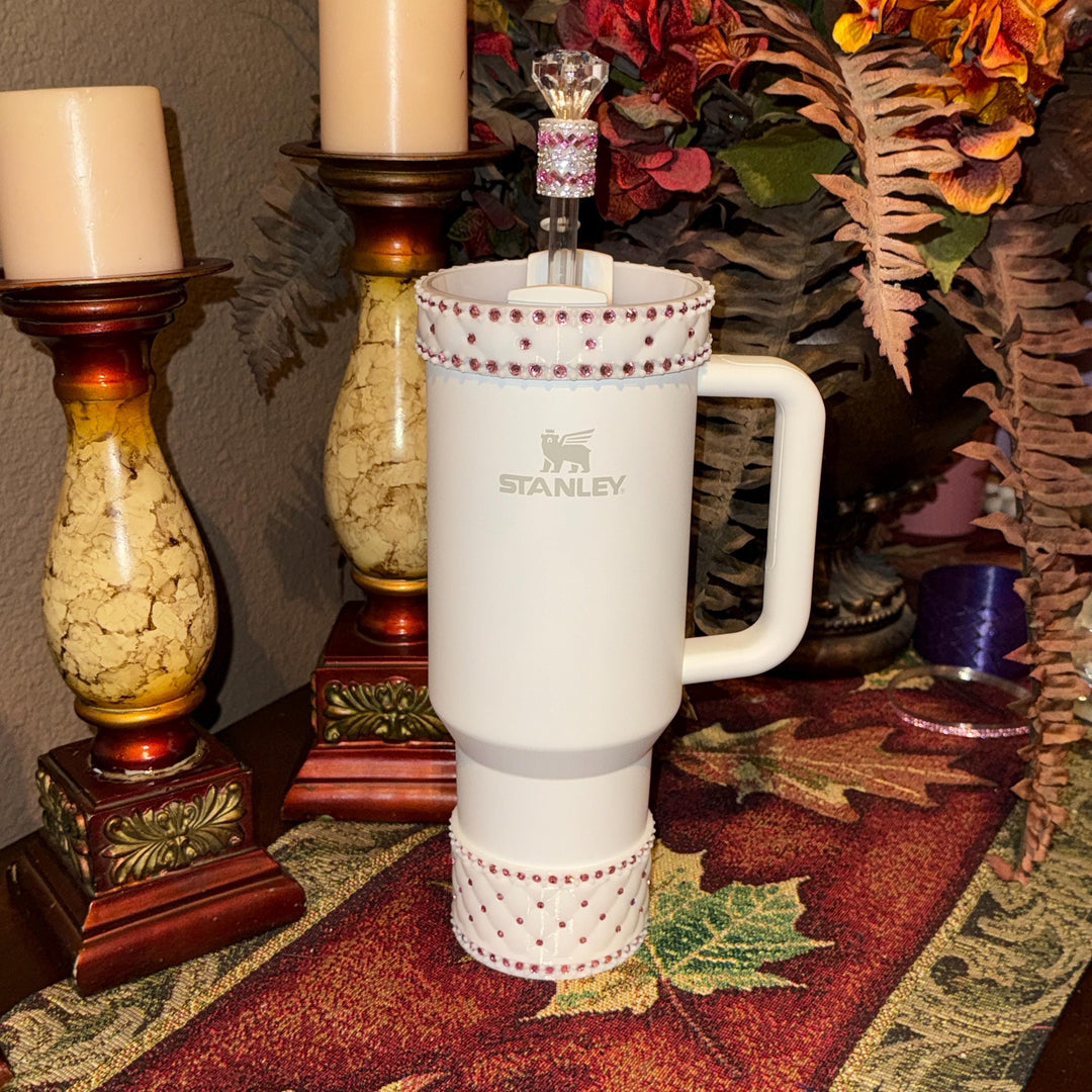 White and Pink Quilted Rhinestone Tumbler boot and halo for Stanley tumblers, Best Seller, Boot Halo Straw Topper