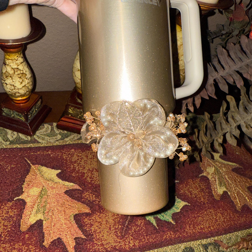 Fancy Pearl and Crystal Princess Accessory for Stanley tumblers, Mid Band Gold or Black/Silver, Elastic Band