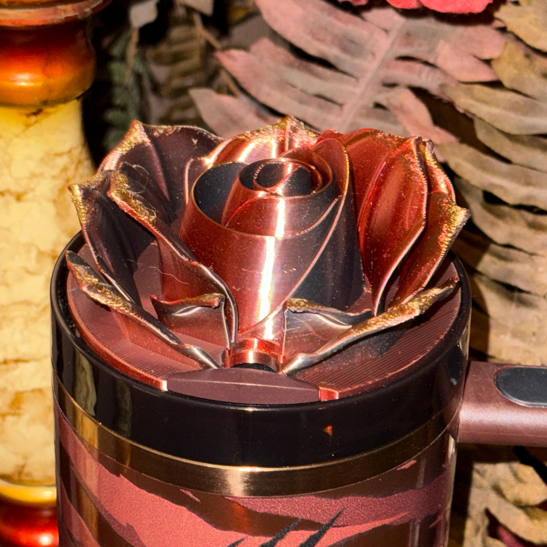 3D Burgundy Brown Bronze Rose Tumbler Topper that fit the Stanley Tumbler lids, Rose decorator lid, 3D Decorative Lid, Color shifting effect