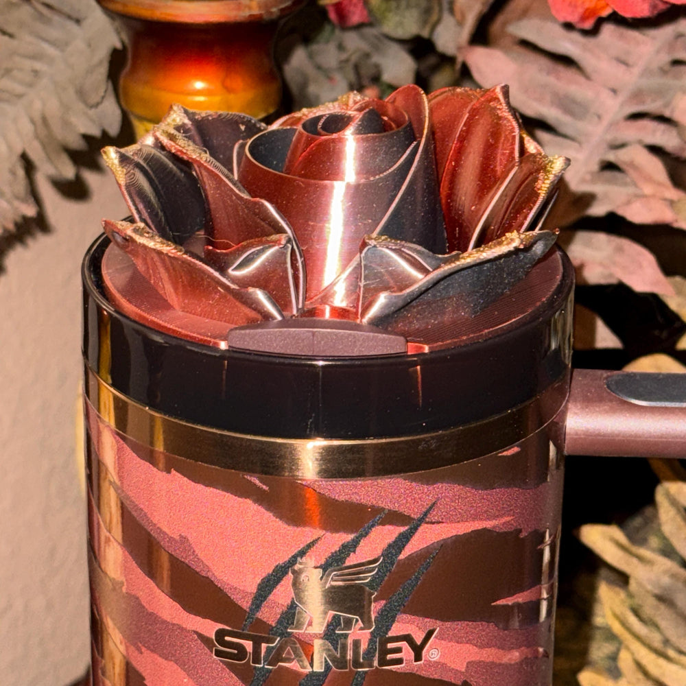 3D Burgundy Brown Bronze Rose Tumbler Topper that fit the Stanley Tumbler lids, Rose decorator lid, 3D Decorative Lid, Color shifting effect