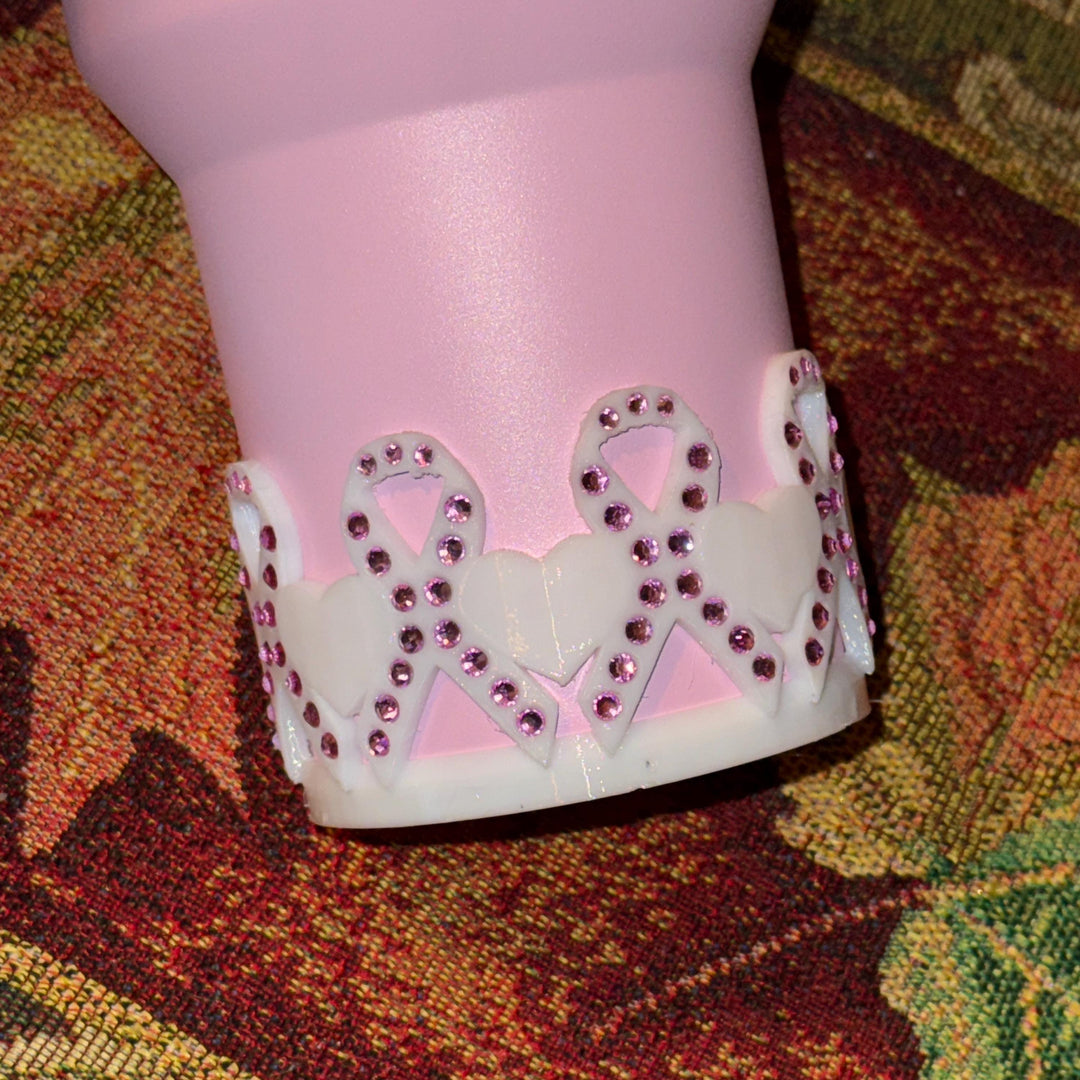 Rhinestone Breast Cancer Awareness Ribbon Tumbler Boot, Pink White Protective Sleeve, Princess Bow, Fit's Stanley Tumblers