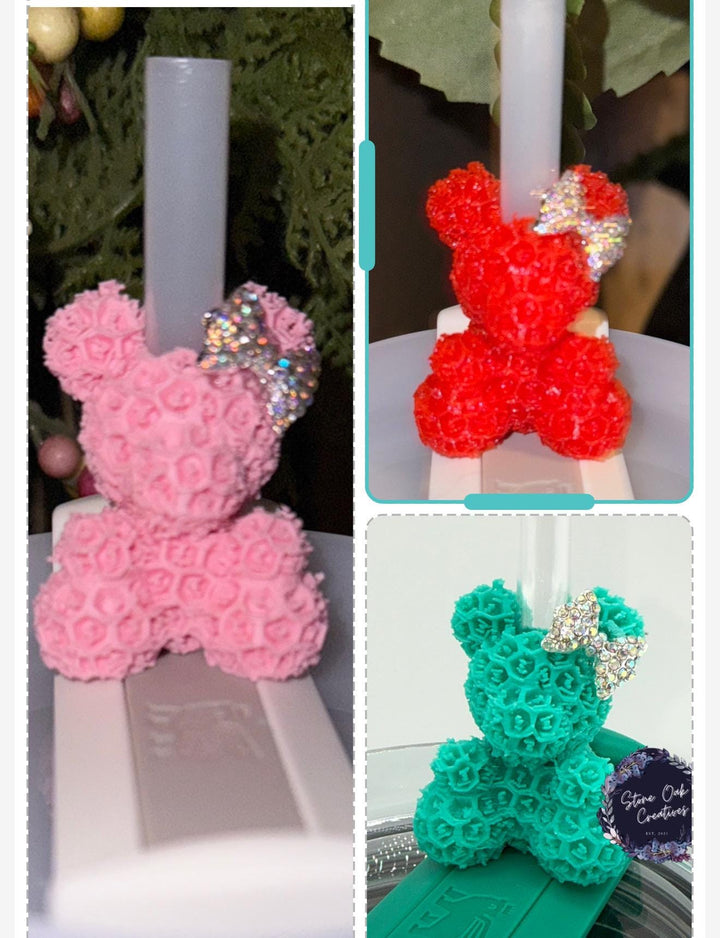 Rose Bear with Rhinestone Bow Straw Topper, 10 mm straw cover, straw cap, unique gift