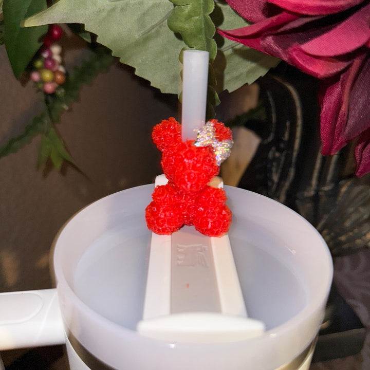 Rose Bear with Rhinestone Bow Straw Topper, 10 mm straw cover, straw cap, unique gift