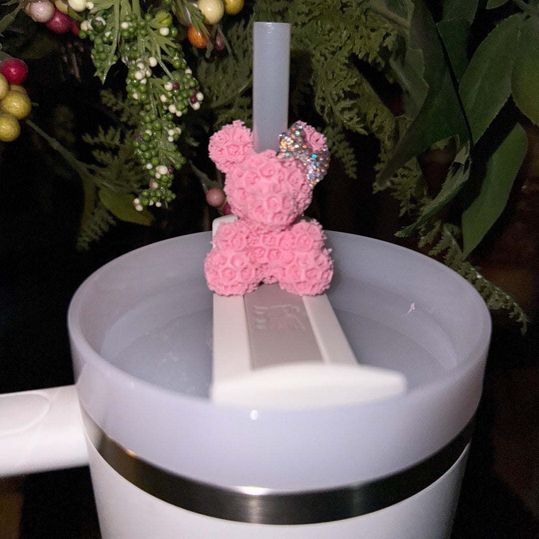 Rose Bear with Rhinestone Bow Straw Topper, 10 mm straw cover, straw cap, unique gift