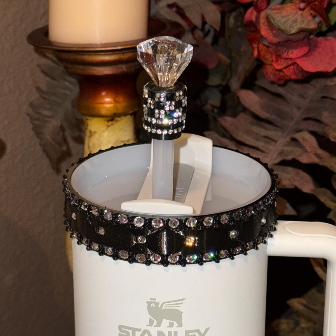 Black and Silver Quilt Fancy Mini Rhinestone Princess Accessory Collection for Stanley tumblers, Best Seller, Boot Halo Bangle Straw Topper