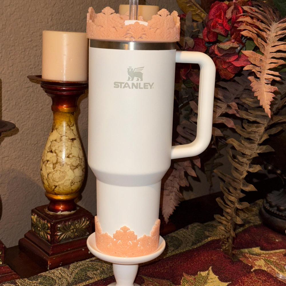 Beautiful Peach Damask Lace Lid Halo Bangle and Boot for Stanley tumblers, Fancy Tumbler Sleeves, multiple colors