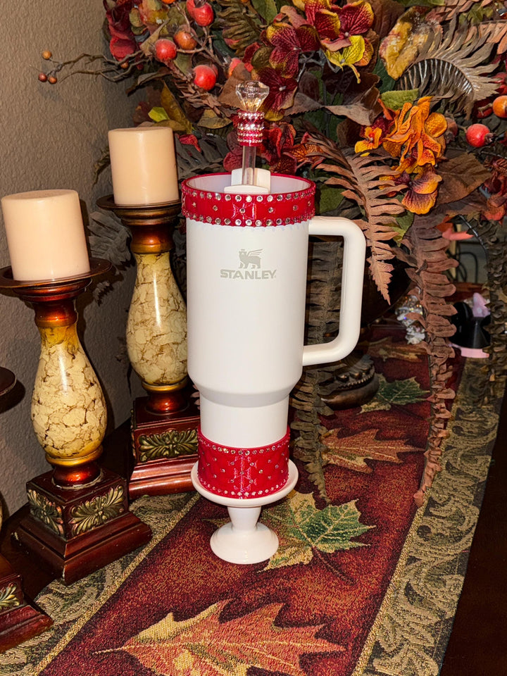 Red and Silver Quilted Rhinestone Tumbler boot and halo for Stanley tumblers, Best Seller, Boot Halo Straw Topper