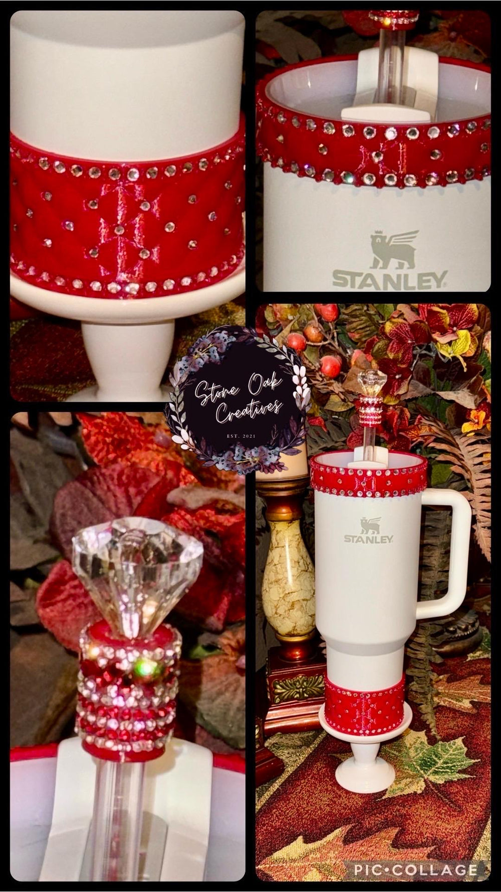 Red and Silver Quilted Rhinestone Tumbler boot and halo for Stanley tumblers, Best Seller, Boot Halo Straw Topper