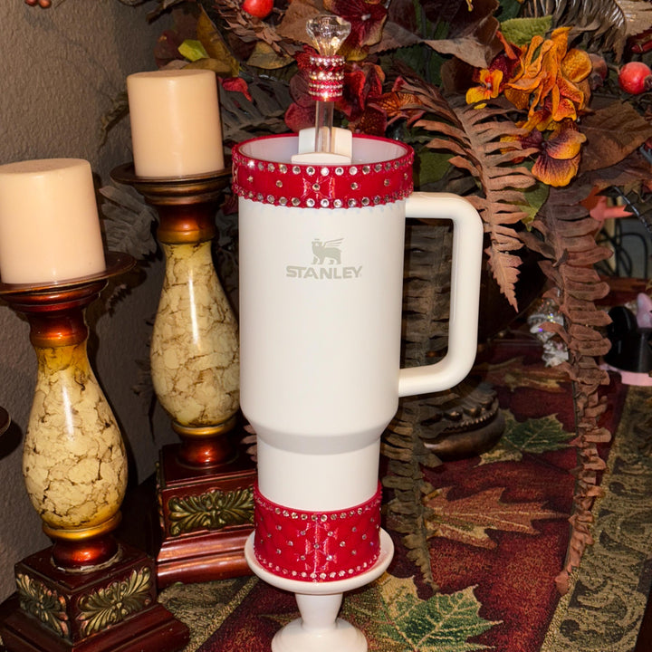 Red and Silver Quilted Rhinestone Tumbler boot and halo for Stanley tumblers, Best Seller, Boot Halo Straw Topper
