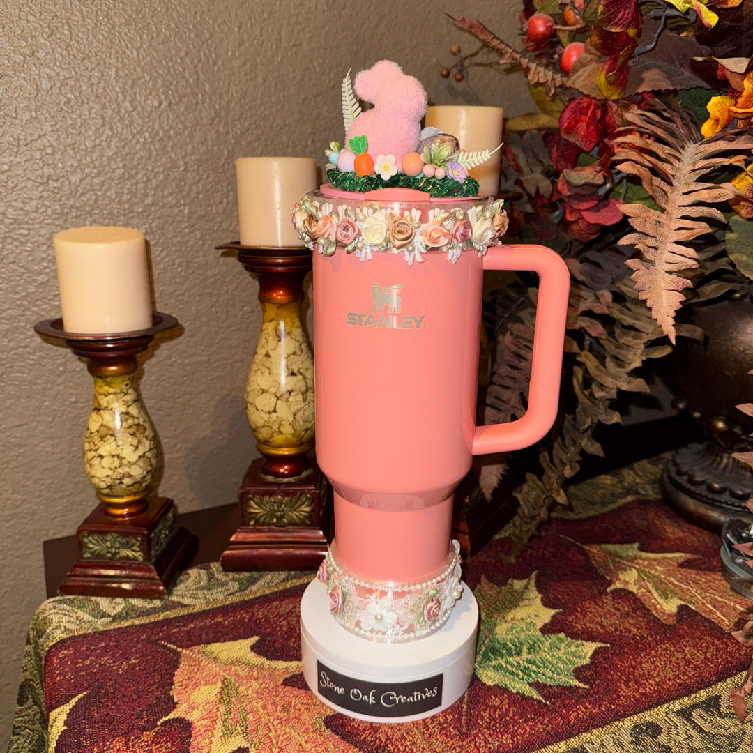 Easter Spring tumbler topper for skinny tumblers and Stanley tumblers, Bunny, Spring, Flowers, 3D Decorative Lid, unique gift
