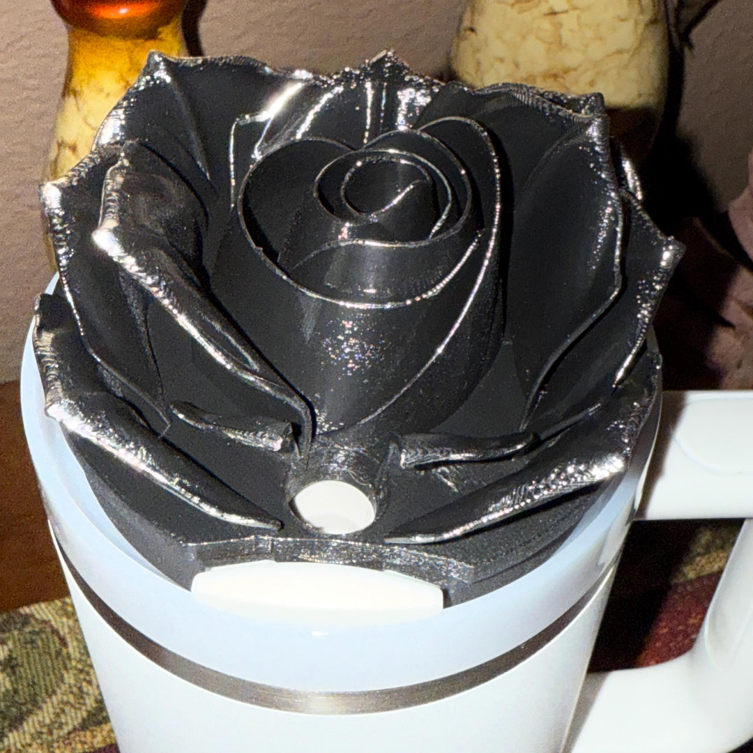 Luxurious 3D Black Rose with Gold tips Tumbler Topper that fit the 30 oz and 40 oz Stanley tumbler lids, HOT SELLER