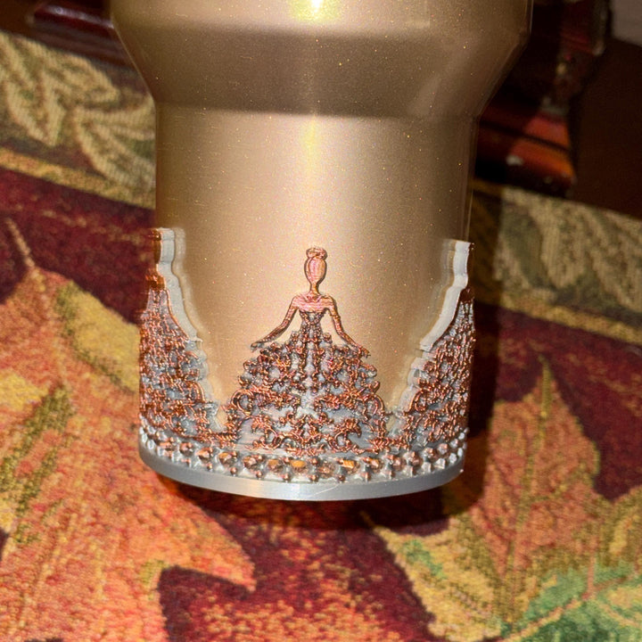 Fancy Detailed Rhinestone Princess Doll Tumbler Boot, Flowing Dress Boot Sleeve, fits Stanley Tumblers, Unique Gift, custom colors available