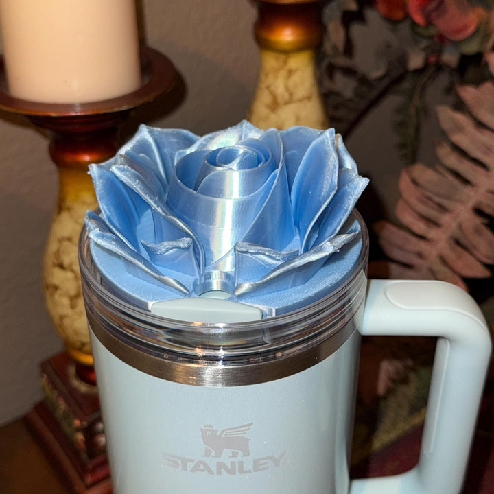 Baby Blue Silk 3D Rose Tumbler Topper that fit the Stanley Tumbler lids, Rose decorator lid, Blueberry Dew Drop, 3D Decorative Lid, Easter