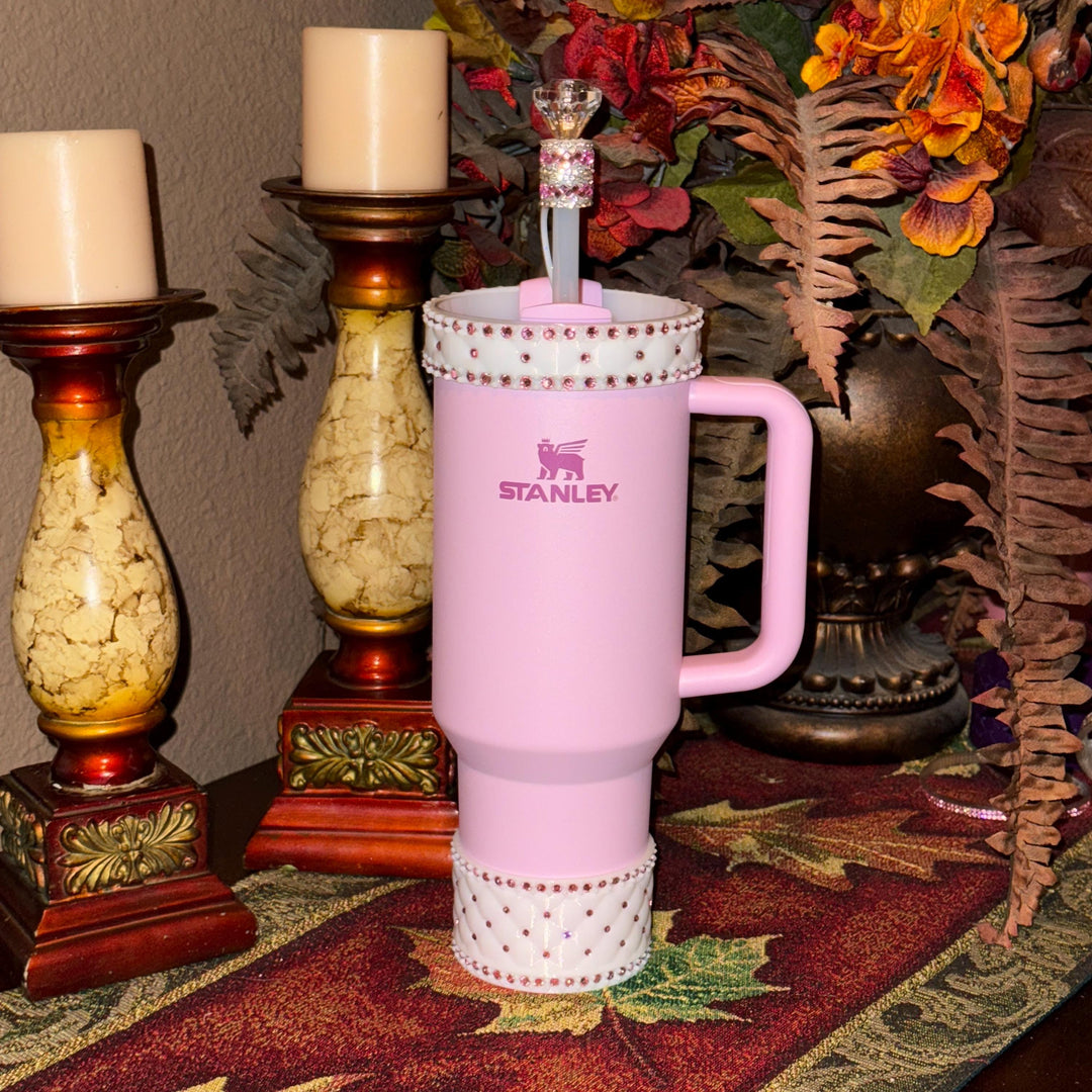 White and Pink Quilted Rhinestone Tumbler boot and halo for Stanley tumblers, Best Seller, Boot Halo Straw Topper