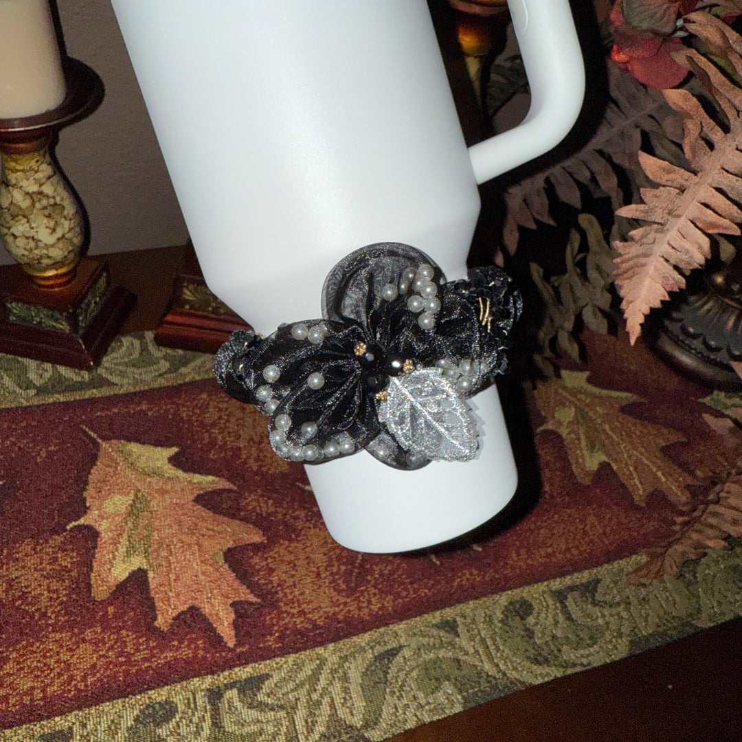 Fancy Pearl and Crystal Princess Accessory for Stanley tumblers, Mid Band Gold or Black/Silver, Elastic Band