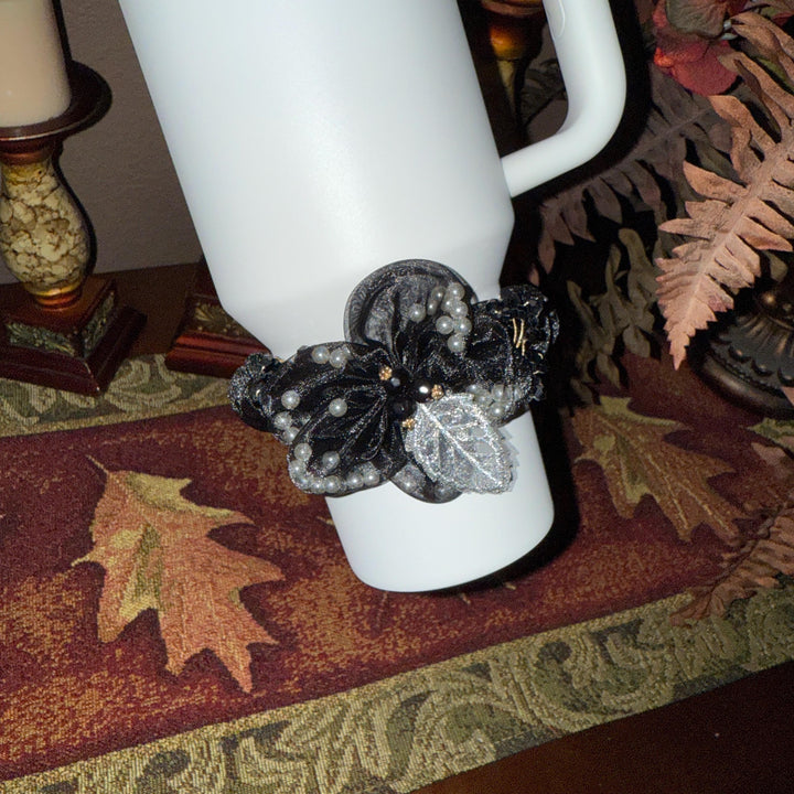 Fancy Pearl and Crystal Princess Accessory for Stanley tumblers, Mid Band Gold or Black/Silver, Elastic Band