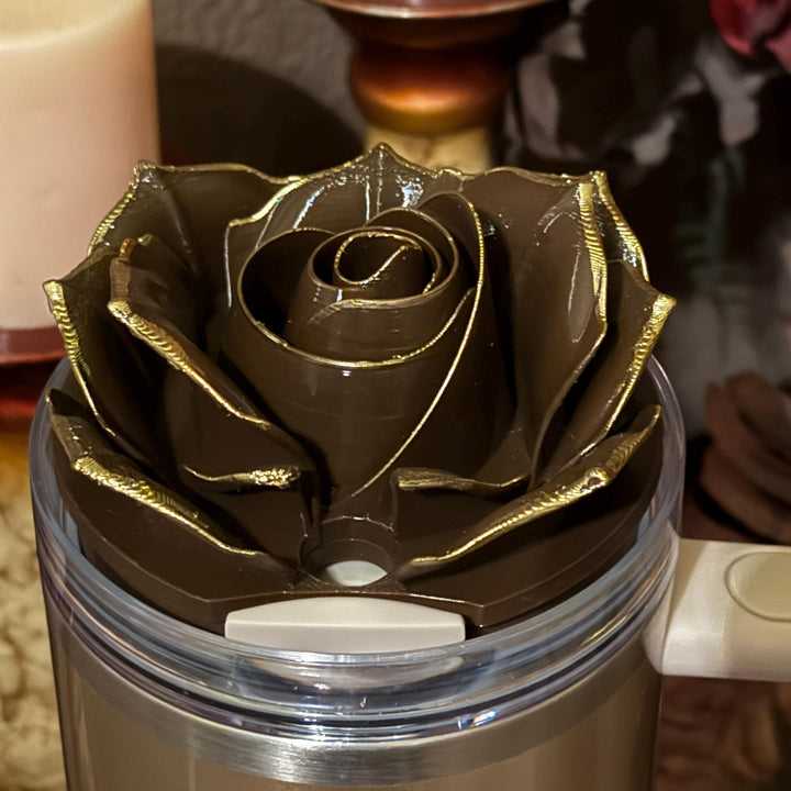 Luxurious 3D Rose with Gold tips Tumbler Topper or matching rose boot that fit Stanley tumbler, Chocolate Brown Gold