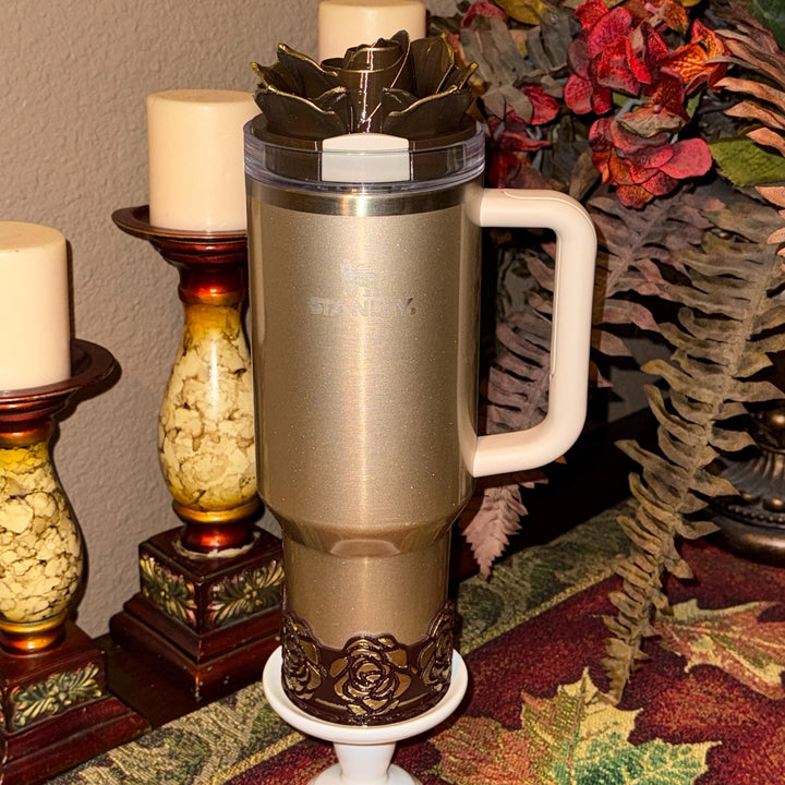 Luxurious 3D Rose with Gold tips Tumbler Topper or matching rose boot that fit Stanley tumbler, Chocolate Brown Gold