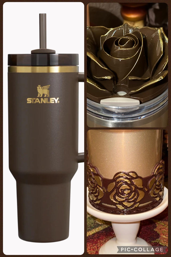 Luxurious 3D Rose with Gold tips Tumbler Topper or matching rose boot that fit Stanley tumbler, Chocolate Brown Gold