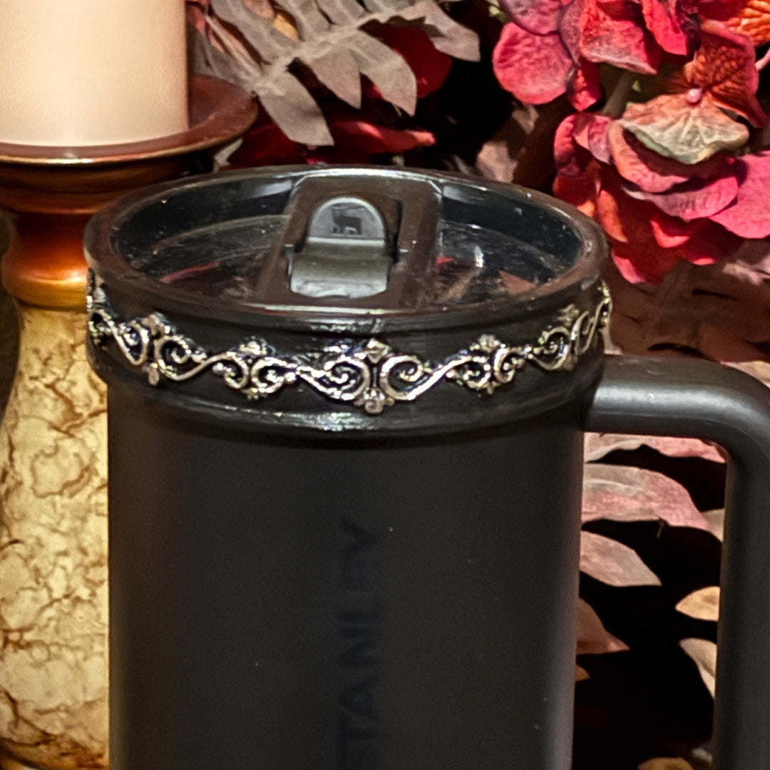 Elegant Black and Silver Scroll Tumbler Lid Halo Bangle and Boot for Stanley tumblers, Fancy Tumbler Sleeves, multiple colors