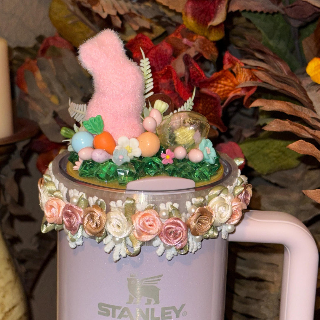 Easter Spring tumbler topper for skinny tumblers and Stanley tumblers, Bunny, Spring, Flowers, 3D Decorative Lid, unique gift