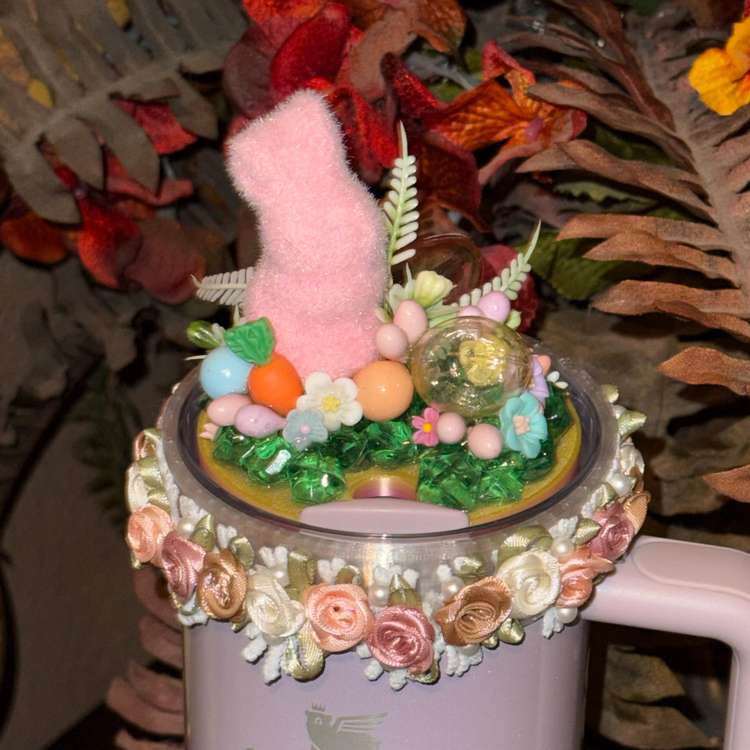 Easter Spring tumbler topper for skinny tumblers and Stanley tumblers, Bunny, Spring, Flowers, 3D Decorative Lid, unique gift