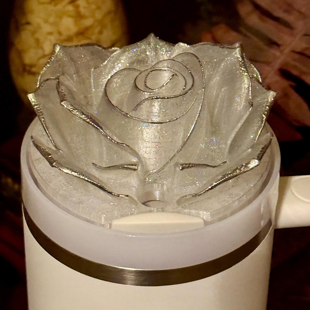 Stunning Translucent Rose with Holograohic Glitter and Silver Tips Tumbler Topper or matching boot, fit Stanley tumbler lids