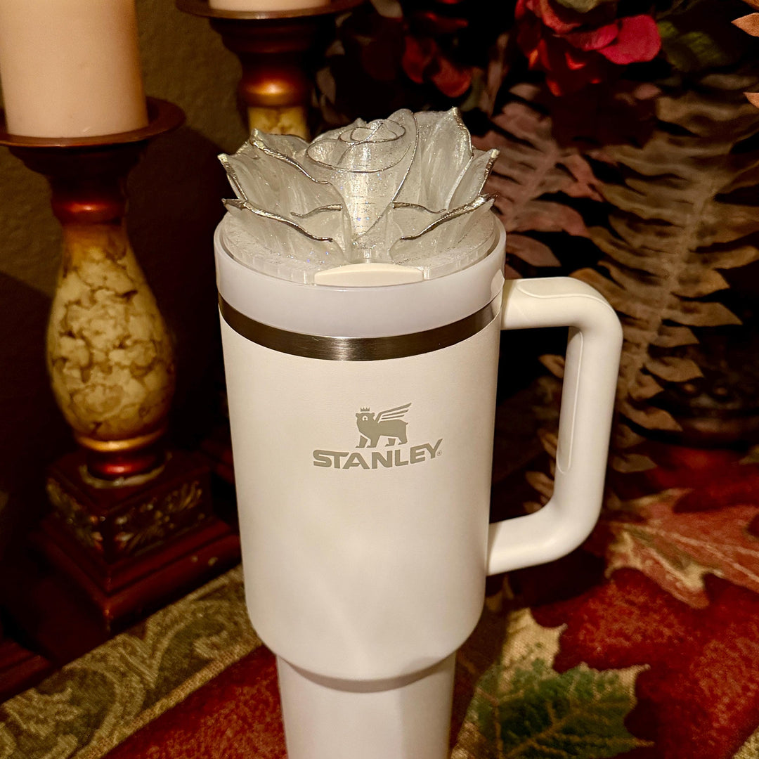 Stunning Translucent Rose with Holograohic Glitter and Silver Tips Tumbler Topper or matching boot, fit Stanley tumbler lids