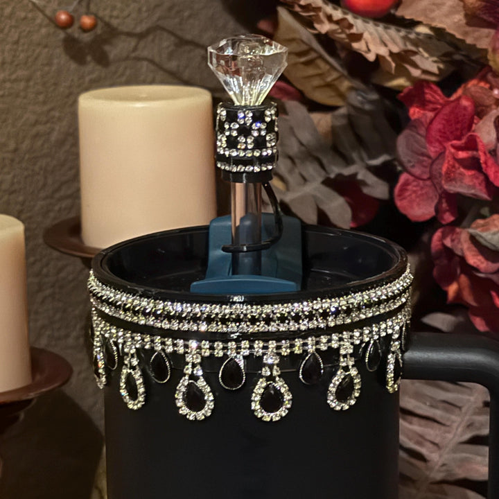 NEW Black and Silver Dangle Chain Rhinestone Royal Princess Accessory Collection for Stanley tumblers, Halo Lid Bling Band Bangle Boot Charm