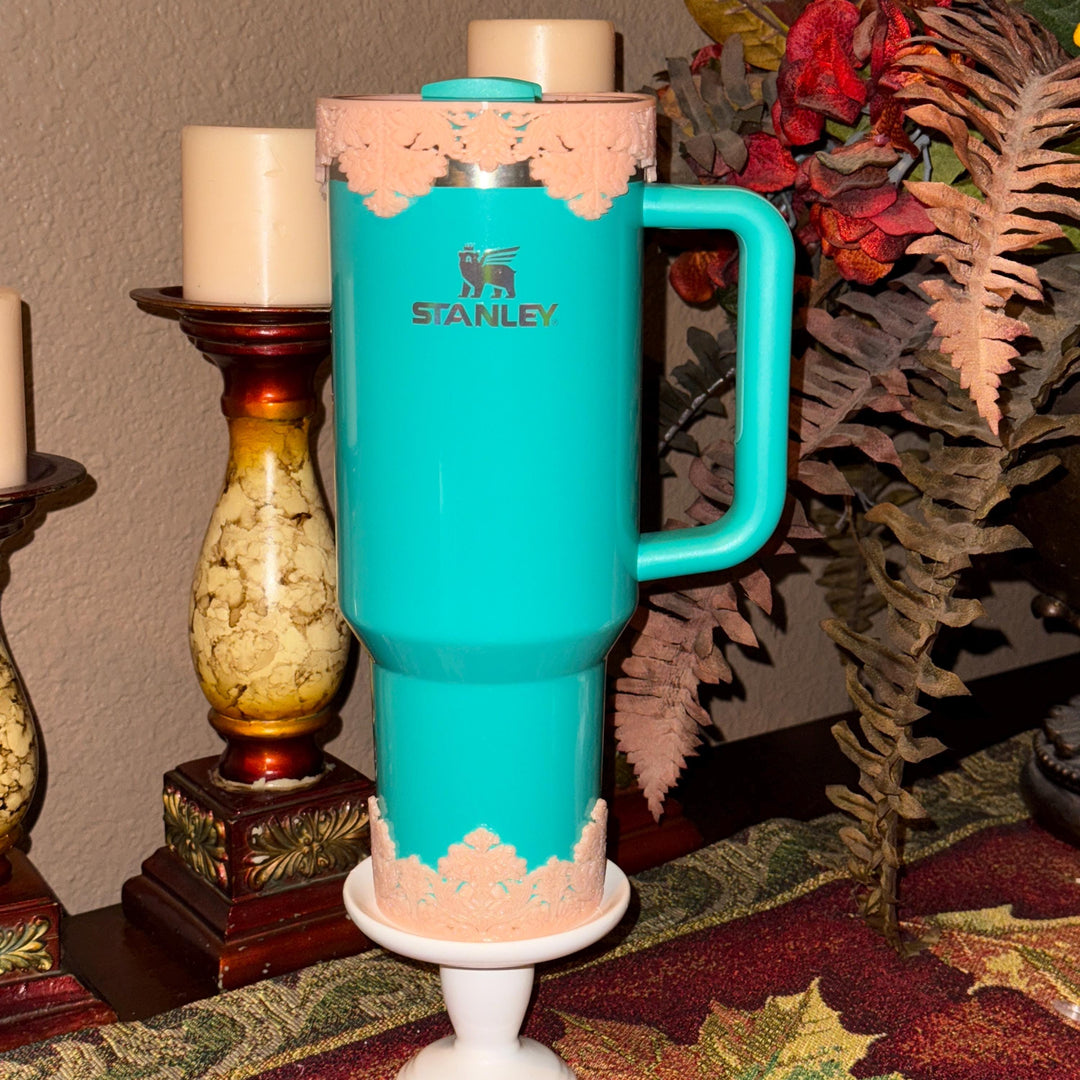 Beautiful Peach Damask Lace Lid Halo Bangle and Boot for Stanley tumblers, Fancy Tumbler Sleeves, multiple colors