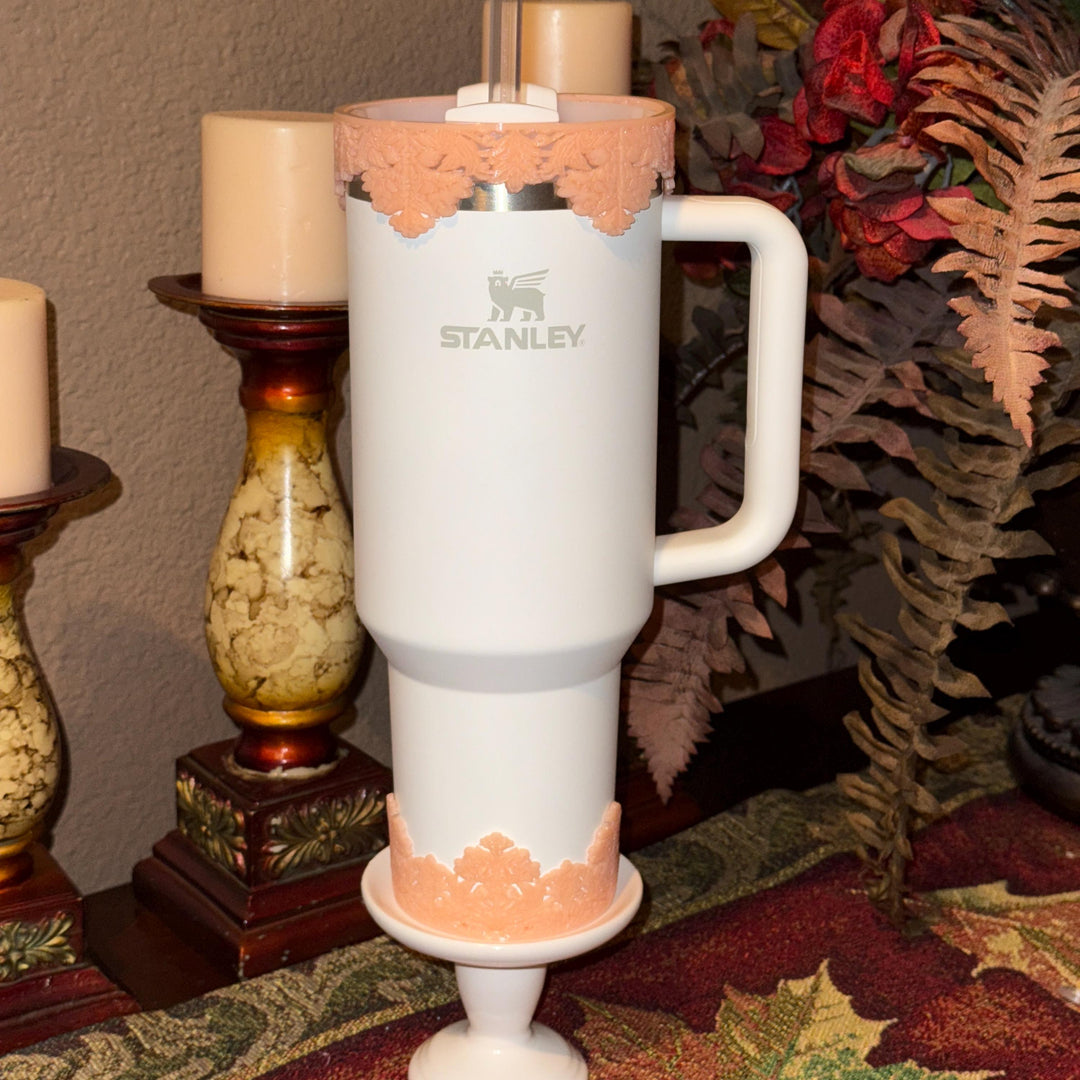 Beautiful Peach Damask Lace Lid Halo Bangle and Boot for Stanley tumblers, Fancy Tumbler Sleeves, multiple colors