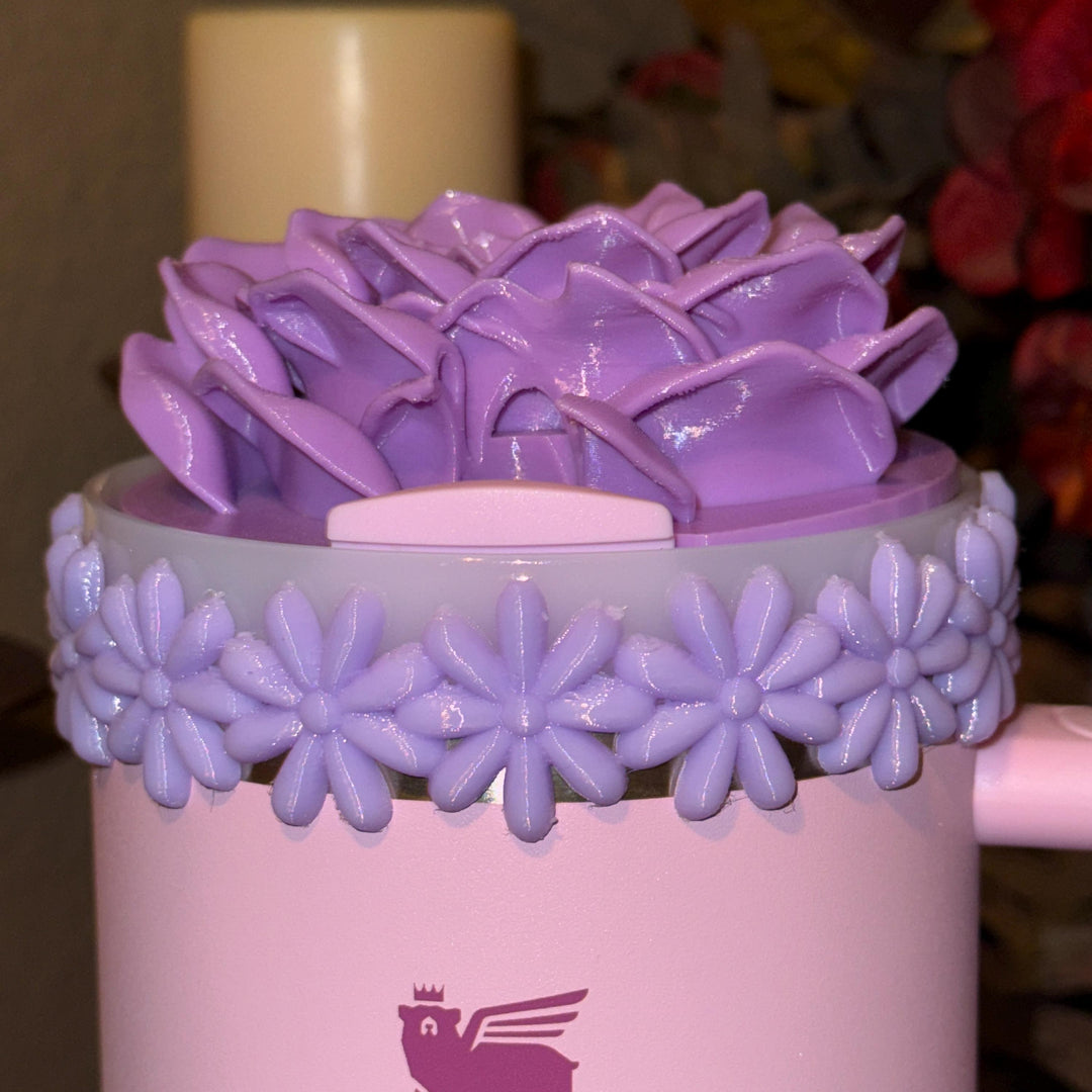 Lavender Spring Floral Daisy Tumbler Accessories for Stanley tumblers, Halo Lid Band Bangle Boot Rose Peony Lid Flower Topper, Unique Gift
