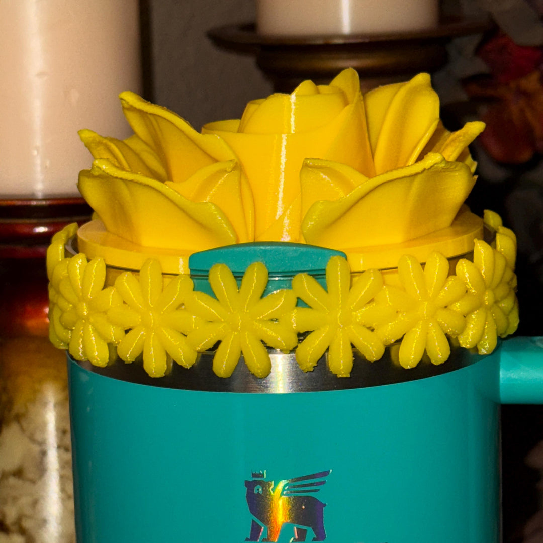Yellow Spring Floral Daisy Tumbler Accessories for Stanley tumblers, Halo Lid Band Bangle Boot Rose Peony Lid Flower Topper, Unique Gift