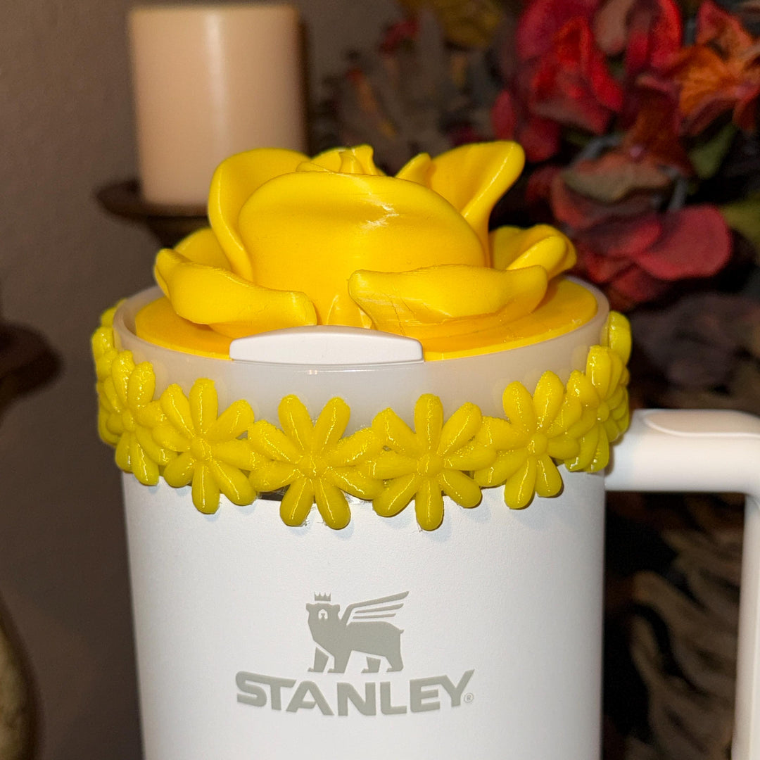 Yellow Spring Floral Daisy Tumbler Accessories for Stanley tumblers, Halo Lid Band Bangle Boot Rose Peony Lid Flower Topper, Unique Gift