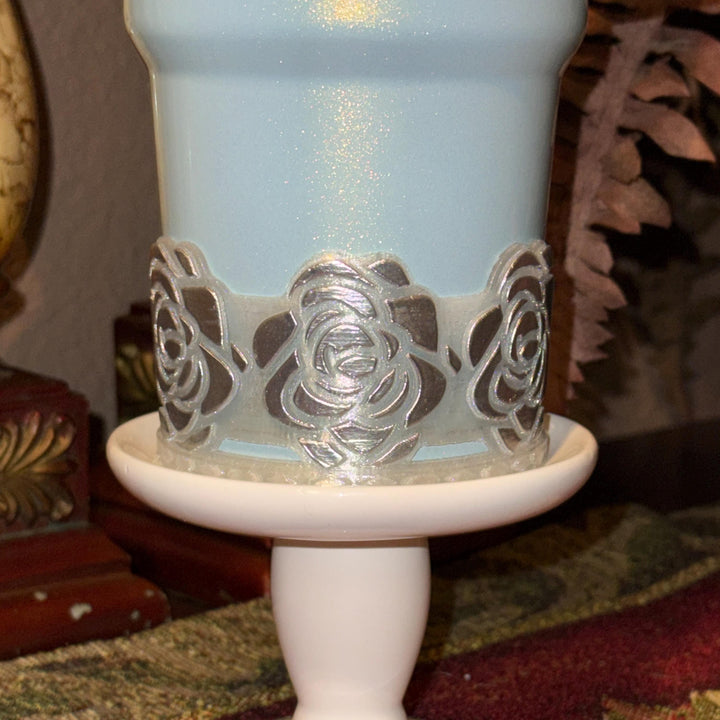 Stunning Translucent Rose with Holograohic Glitter and Silver Tips Tumbler Topper or matching boot, fit Stanley tumbler lids