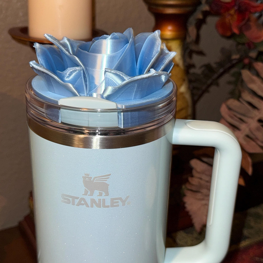 Baby Blue Silk 3D Rose Tumbler Topper that fit the Stanley Tumbler lids, Rose decorator lid, Blueberry Dew Drop, 3D Decorative Lid, Easter