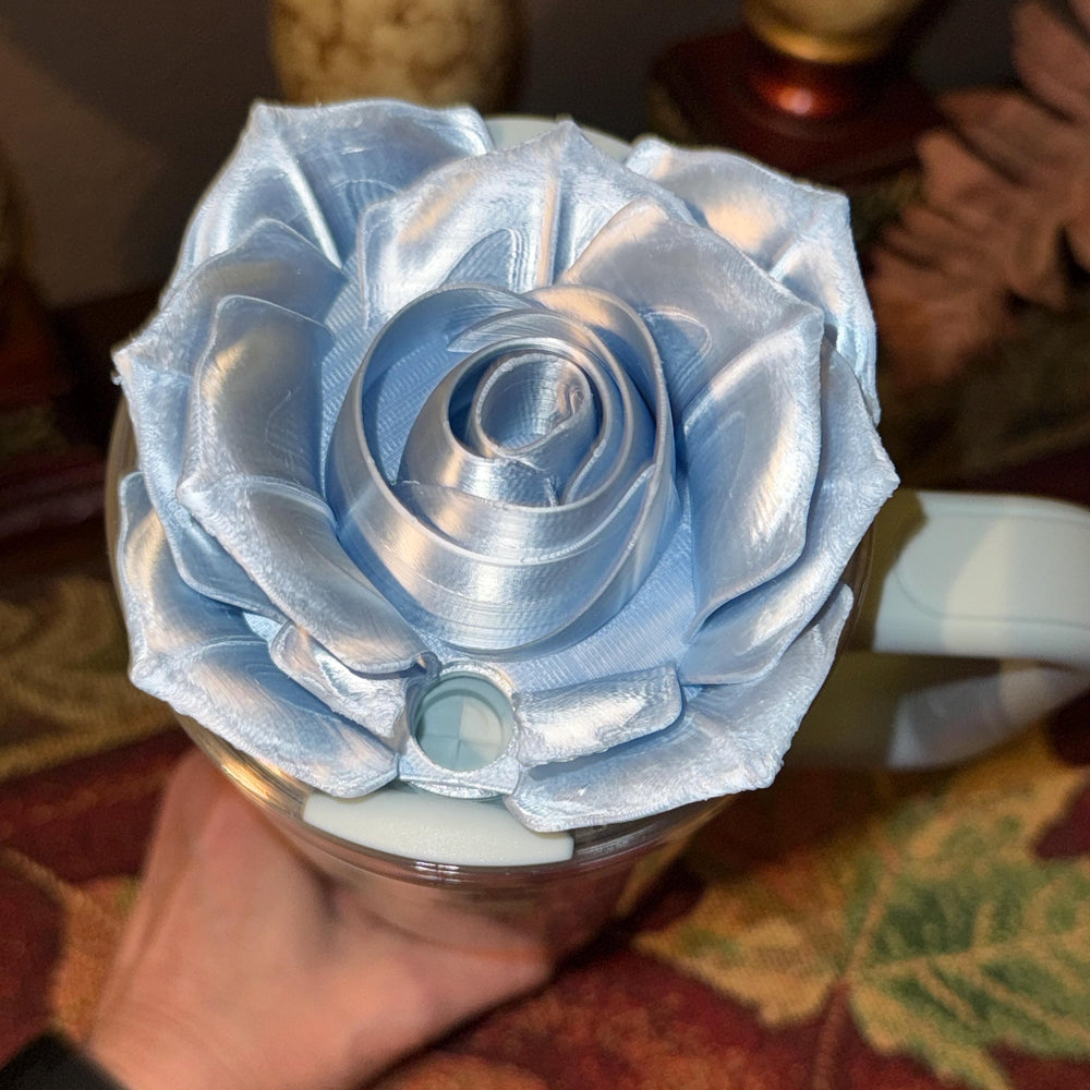 Baby Blue Silk 3D Rose Tumbler Topper that fit the Stanley Tumbler lids, Rose decorator lid, Blueberry Dew Drop, 3D Decorative Lid, Easter