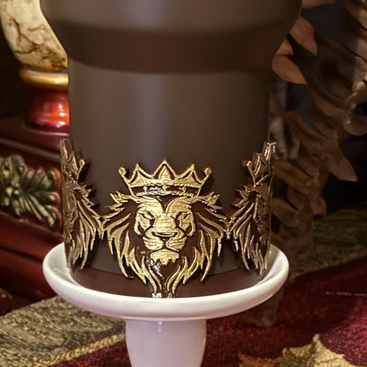 Gold Accent Lion Face Tumbler Boot or straw topper, fits your 20/30 oz 40 oz Stanley Tumblers, Unique Gift, brown and gold Lion of Judah