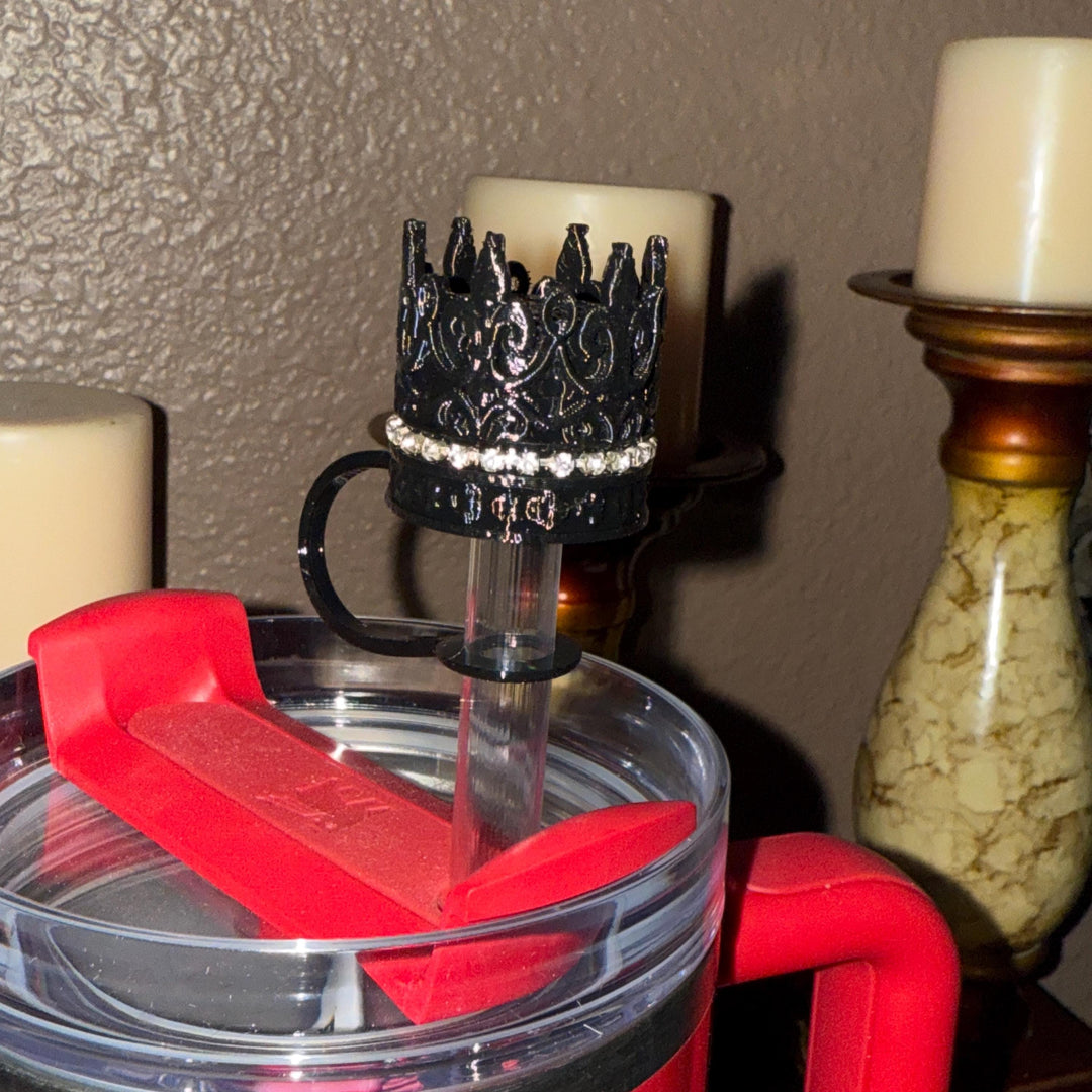 Rhinestone Black Fleur-de-lis Crown Tumbler Boot or Straw Topper, fits your Stanley Tumblers, Unique Gift, multiple colors available